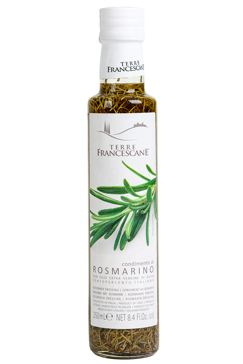 A bottle of Terre Francescane rosemary dressing-infused with extra virgin olive oil, 250ml, showcasing sprigs of rosemary immersed in extra virgin olive oil, with labeling in multiple languages emphasizing its 100% Italian origin.