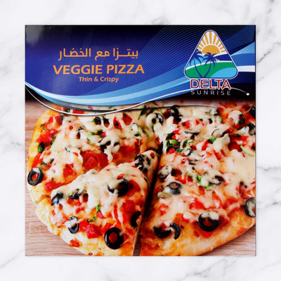 A box of Delta Sunrise's American Veggie Pizza with a visible, cooked pizza featuring a thin and crispy crust, melted cheese, and a colorful array of vegetables on top. Luxury Dining at Home Dubai with Beef Club ™